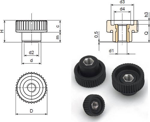 Pomo estriado con corte destornillador de acero inox.